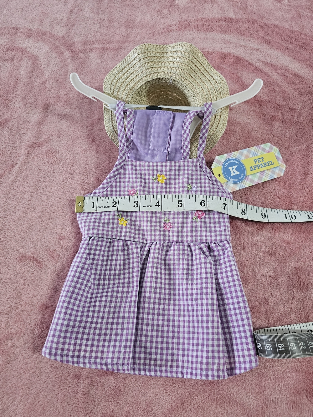 Kj Brand Lavender Gingham Embroidered Dog Sundress with Straw Hat "XS" - Picture 6 of 8